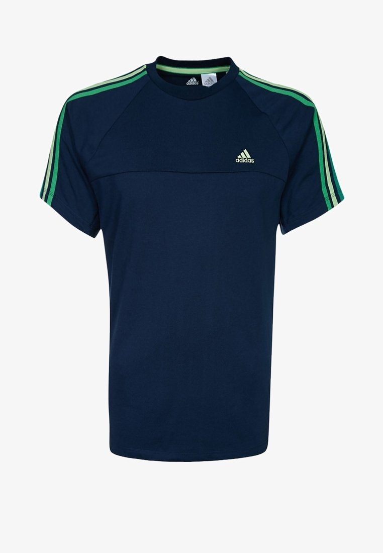 Mörkblå kortärmad träningsskjorta med gröna randiga detaljer på axlarna och en broderad logotyp på bröstet. Mjukt, strukturerat tyg.