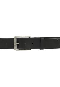 Black leather belt with a silver rectangular buckle and multiple holes for adjustable sizing. Smooth texture, minimalist design.