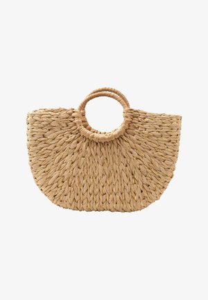 Borsa intrecciata naturale con manici circolari e dettagli in filo dorato a forma semicircolare su sfondo bianco.