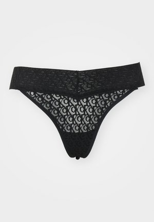Black lace thong with intricate floral pattern, featuring a wide waistband and sheer fabric detail at the back and sides.