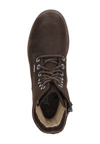 Stivale alla caviglia in pelle marrone con una texture liscia, design con lacci, occhielli metallici e zip laterale per un facile accesso. Interno morbido.