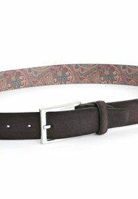 Leder Gürtel in Dunkelbraun mit einer silbernen, rechteckigen Schnalle. Die Innenseite ist mit einem floralen Muster in Blau- und Pinktönen versehen.