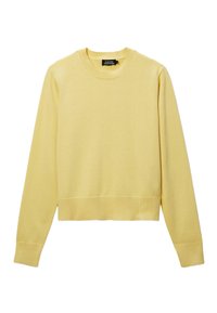 Pull cropped jaune à manches longues en tricot doux. Il présente un col rond côtelé et des poignets côtelés aux manches.