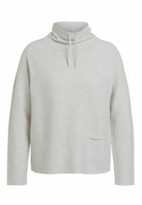 Jasnoszary pulower z wysokim kołnierzem, sznurkami i przednią kieszenią. Wykonany z fakturowanej tkaniny, posiada luźne, długie rękawy.