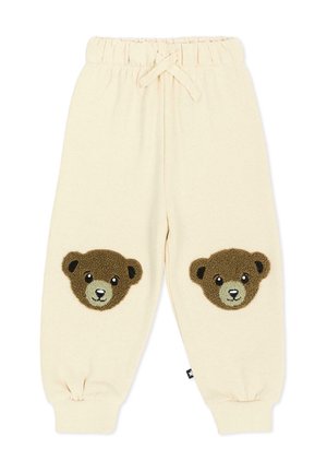Pantaloni per bambini di colore crema con vita e polsini elasticizzati, con due facce di orsacchiotti marroni sulle ginocchia.