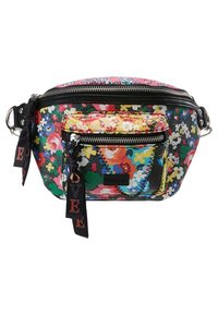 Banane à motif floral avec poches zippées, patchwork coloré et tirettes en tissu noir formant le mot "LOVE" en lettres rouges.