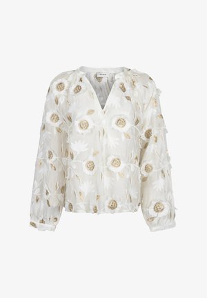 Witte doorschijnende blouse met lange mouwen, V-hals en gouden en witte bloemrijke borduursels over het geheel.