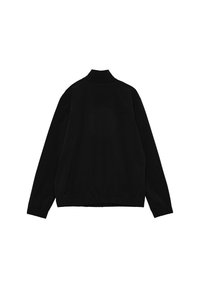 Černá bunda z pohledu zezadu, s vysokým límcem a elastickým lemem, dlouhými rukávy a hladkým povrchem.