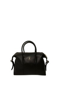Borsa a tracolla in pelle nera con parte superiore arrotondata, manici corti e tracolla rimovibile. Presenta un emblema d'argento a forma di ape sul davanti.