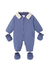 Blue baby snowsuit with a soft cream collar, front zipper, elastic cuffs, and built-in booties. Smooth fabric with pocket details.