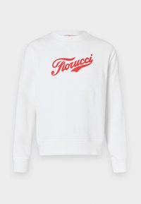 Sweatshirt branco com um destacado logótipo "Fiorucci" em vermelho em fonte cursiva. Concebido com um decote redondo e bainhas e punhos em tecido canelado.