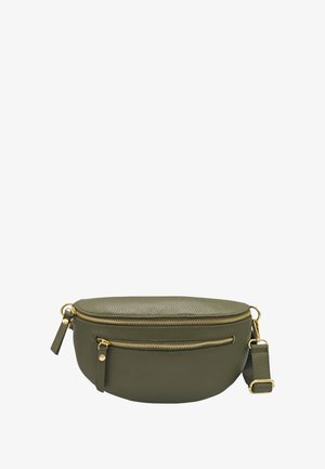 Sac à bandoulière en cuir vert olive avec une forme arrondie, deux compartiments zippés et des accents en métal doré.