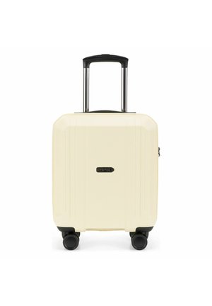 Valise rigide crème avec quatre roues noires et une poignée rétractable noire, vue de face avec le logo de la marque au centre.