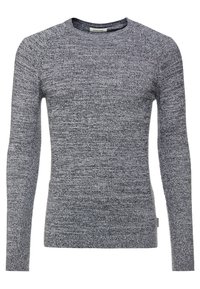 Grau melierte Strickpullover, Rundhals, lange Ärmel, strukturierter Stoff, weiches Material, taillierte Passform, Etikett auf der linken Seite.