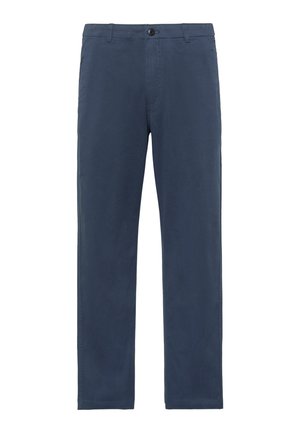 Navy blue straight-leg men's trousers with button and zip closure, belt loops, and side pockets.