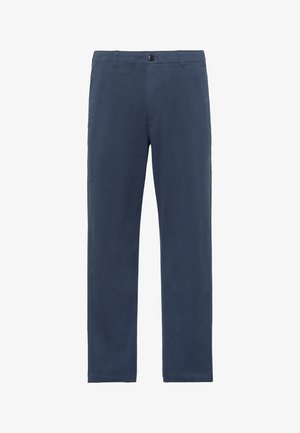 Navy blue straight-leg men's trousers with button and zip closure, belt loops, and side pockets.