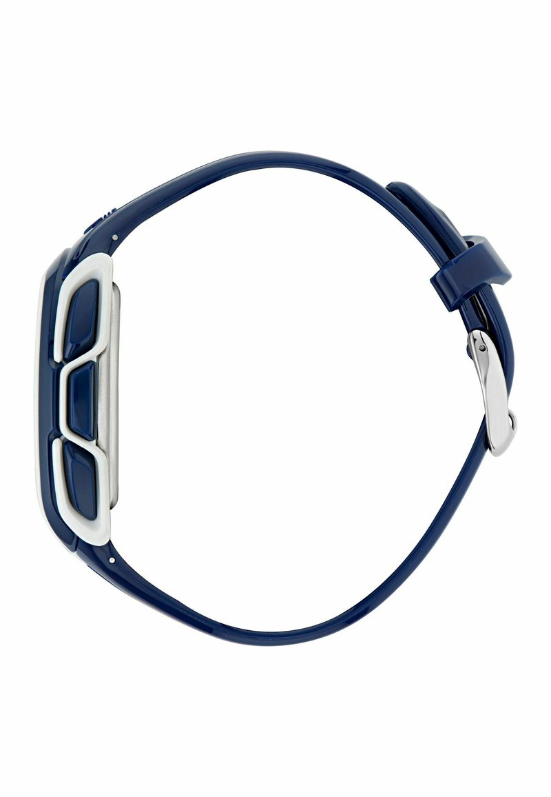 Smartwatch blu in silicone con cassa in metallo argentato e dettagli bianchi. Presenta un cinturino liscio e una disposizione multipla di pulsanti sul lato.