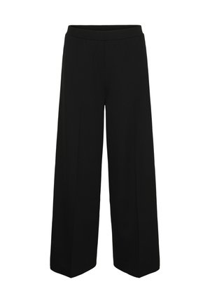 Schwarze Hosen mit weitem Bein, hoher Taille und maßgeschneiderten Nähten, auf weißem Hintergrund dargestellt.