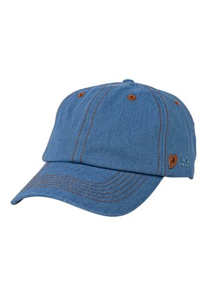 Gorra de béisbol de tela azul con visera curva, detalles en costura marrón y un pequeño parche con logo en el lateral. Correa trasera ajustable.