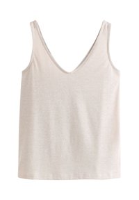 Világos bézs, ujjatlan felső mély V-nyakkivágással és puha, sima textúrával. Egyszerű kialakítás, minta vagy díszítés nélkül.