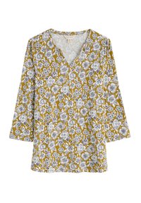 Blusa con stampa floreale su sfondo giallo senape, con fiori bianchi e blu navy. Scollo a V e maniche a tre quarti. Materiale in cotone.
