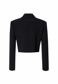 Skraćeni crni blejzer s dugim rukavima, rebrovanom kragnom i glatkom teksturom. Ima čiste linije i minimalne detalje na leđima.
