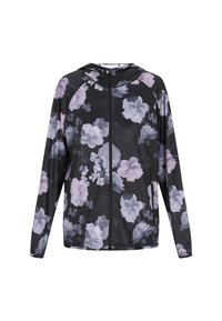 Giacca a vento nera con stampa floreale, dotata di cappuccio, chiusura con zip e tasche laterali. Realizzata in tessuto leggero e liscio con motivi floreali.
