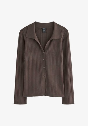 Cardigan marrone a costine con maniche lunghe, colletto e quattro bottoni frontali, realizzato in morbido tessuto a maglia, taglia small di Lindex.