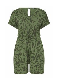 Romper vert à manches courtes avec un motif floral, décolleté en V et dos en clés. Doté d'une taille élastique avec un cordon de serrage.