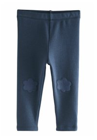 Dunkelblaue Kinderleggings mit elastischem Bund und blumenförmigen Knieflicken an beiden Beinen.
