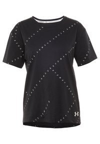 Svart t-shirt i bomull, med ett upprepande vitt logotryck i vinkel, korta ärmar och rundad halsringning.