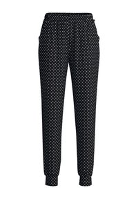 Zwarte broeken met een elastische tailleband en boorden, voorzien van witte stippen. De stof is soepel en heeft zijzakken voor gemak.