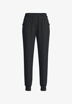 Black trousers with an elastic waistband and cuffs, featuring white polka dots. The fabric is smooth with side pockets for convenience.