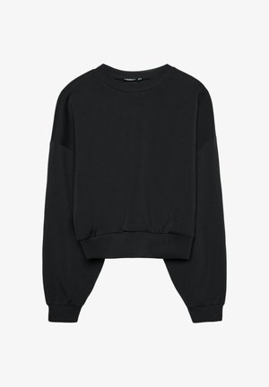 Čierna skrátená mikina s dlhými rukávmi, rebrovanými manžetami a rebrovaným lemom, zobrazená na jednolivom bielom pozadí.