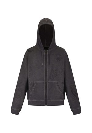 Zwarte rits-hoodie met een capuchon, voorzien van ingewikkelde borduursels van dieren en tekst, voorzakken, en ribgebreide manchetten en zoom.