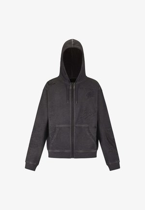 Zwarte rits-hoodie met een capuchon, voorzien van ingewikkelde borduursels van dieren en tekst, voorzakken, en ribgebreide manchetten en zoom.