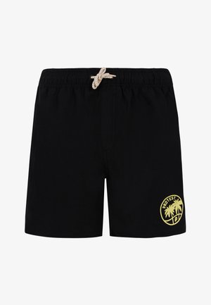 Zwarte zwembroek van zacht materiaal. Elastische tailleband met beige trekkoord. Heeft aan de zijkant een cirkelvormig geel logo met palmboomontwerp.