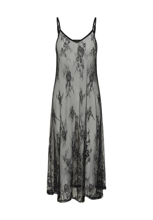 Schwarzes transparentes Spitzenunterkleid mit Blumenmustern, dünnen verstellbaren Trägern und einem fließenden Midilängen-Design vor weißem Hintergrund.