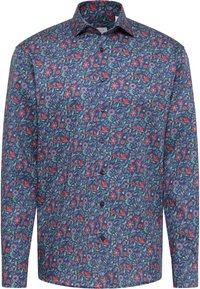 Bloemmotief overhemd met lange mouwen in marineblauw met meerkleurige bloemenpatronen. Heeft een button-down kraag en knopen aan de voorkant. Van katoenmix materiaal.