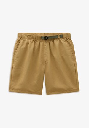 Shorts décontractés de couleur kaki avec taille élastique, ceinture réglable vert foncé et poches latérales, présentés sur fond blanc.