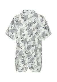 Short-sleeve shirt featuring a white background with a blue coral and shell pattern. Relaxed fit with a fold-down collar and button closure.