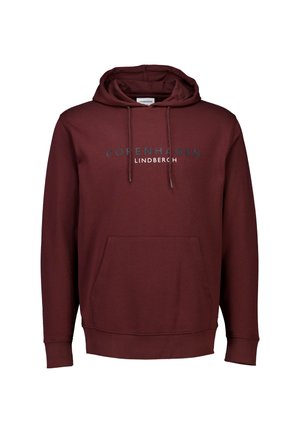 Burgundy hoodie featuring a front pouch pocket, adjustable drawstring hood, and "Copenhagen Lindbergh" printed across the chest.