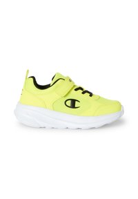 Neon żółte buty sportowe z siateczkową cholewką, czarnymi akcentami, rzepem i sznurówkami, połączone z białą, amortyzującą podeszwą.