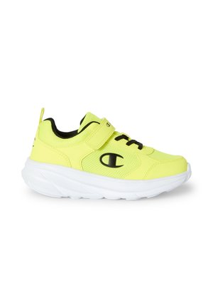Scarpe da ginnastica neon gialle con upper in mesh, dettagli neri, cinturino in Velcro e lacci, abbinate a una suola bianca e ammortizzata.