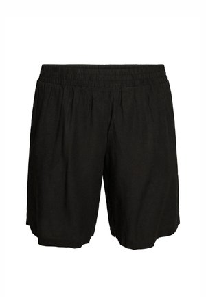 Černé šortky po kolena s elastickým pasem a bočními kapsami, vyrobené z lehké látky pro běžné nošení.
