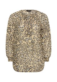 Blusa in stampa leopardata beige con macchie nere e marroni, caratterizzata da un colletto con lacci e maniche lunghe a sbuffo. Tessuto setoso.
