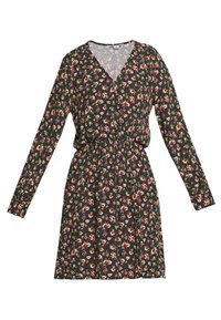 Robe florale à manches longues, décolleté en V, taille réglable, avec un fond vert foncé orné de fleurs roses et violettes. Texture de tissu douce.