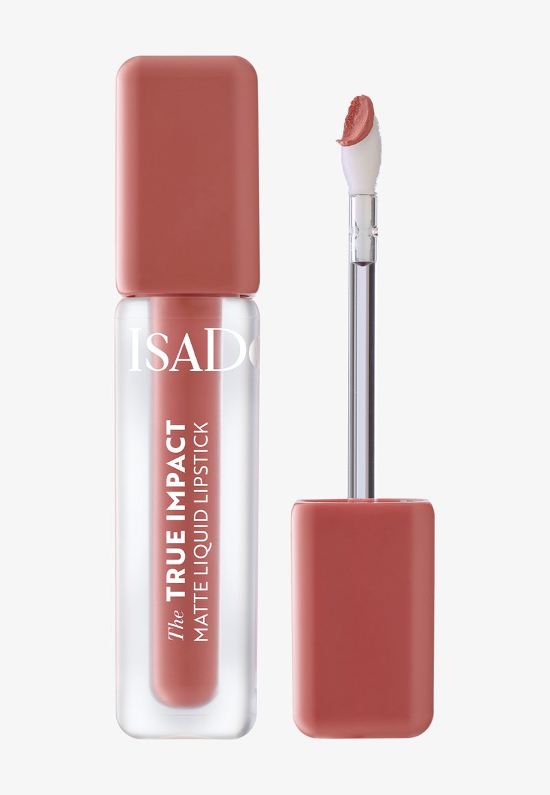 Rouge à lèvres liquide mat dans un tube transparent de couleur rose pâle. Il présente un bouchon rectangulaire rose et un applicateur doux.
