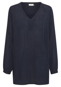 Marineblaue Bluse mit langen Ärmeln und V-Ausschnitt, lockere Passform und dezent strukturiertem Stoff.