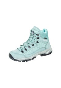 Türkisfarbene Wanderschuhe aus Wildleder und Mesh, mit runden Schnürsenkeln, Metallösen, einem strukturierten Kragen und einer robusten schwarzen Gummisohle.